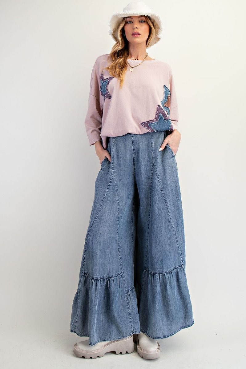 Ruffle Bottom Denim Palazzo Pants