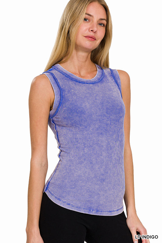 Washed Ribbed Scoop Neck Top - Indigo