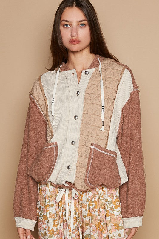 Multi-fabric hooded button down shacket