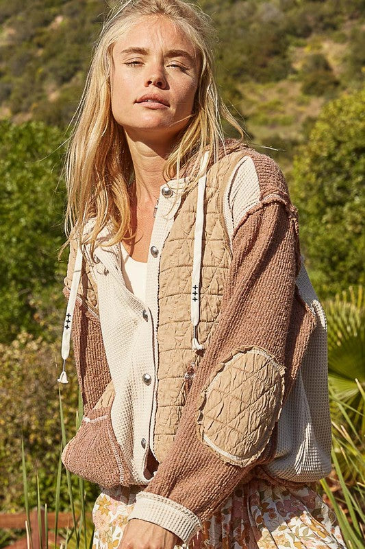 Multi-fabric hooded button down shacket