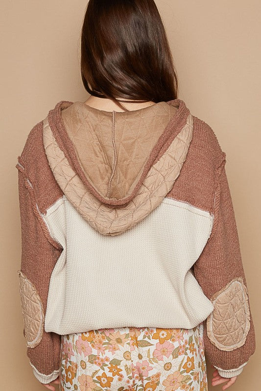 Multi-fabric hooded button down shacket