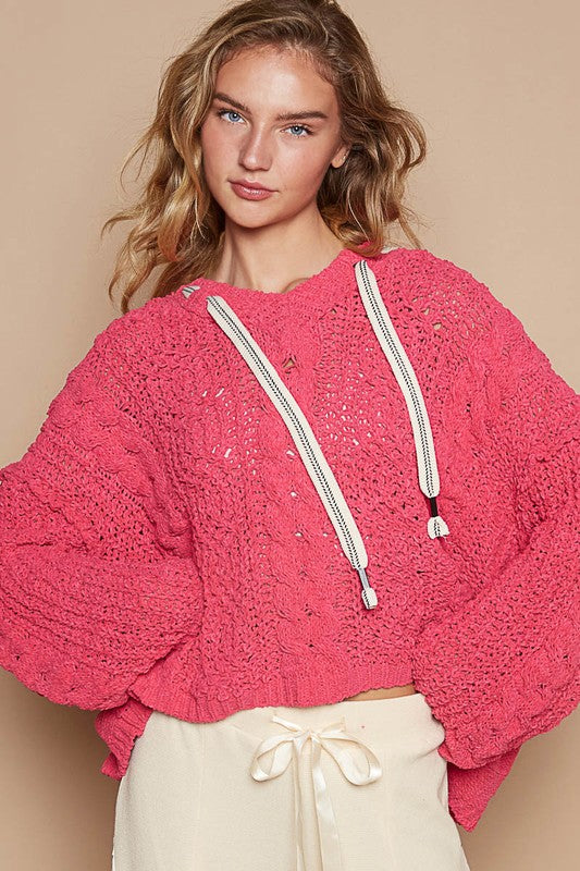 V-Neck Hooded Chenille Sweater - Fuchsia