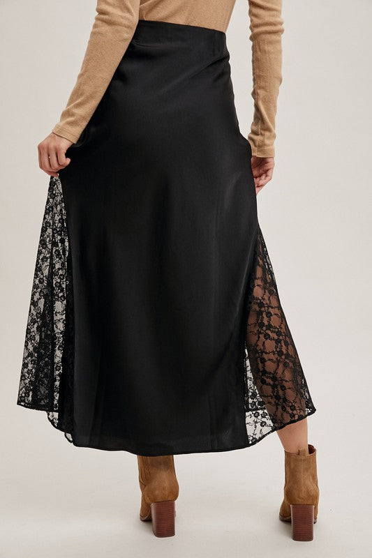 Mid-rise Lace Trimmed Satin Midi-Skirt