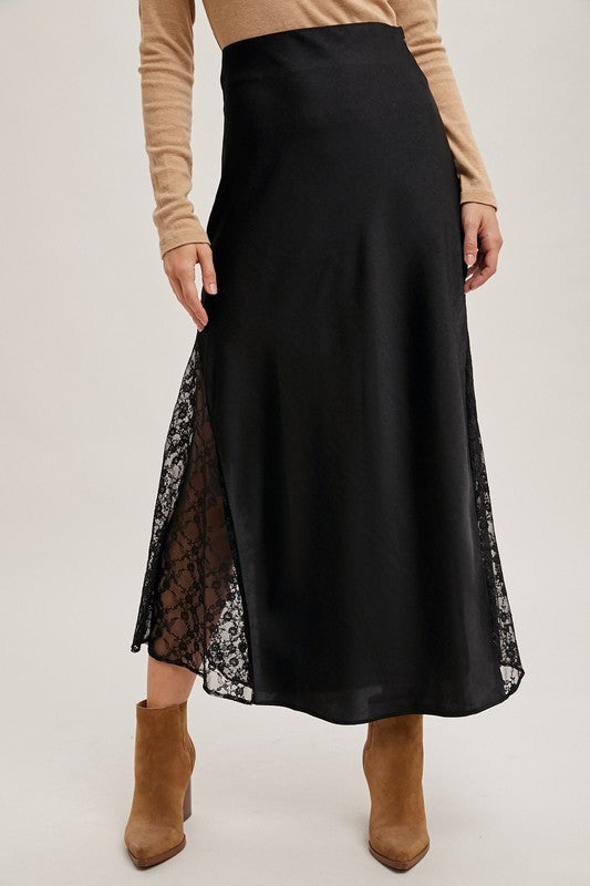 Mid-rise Lace Trimmed Satin Midi-Skirt
