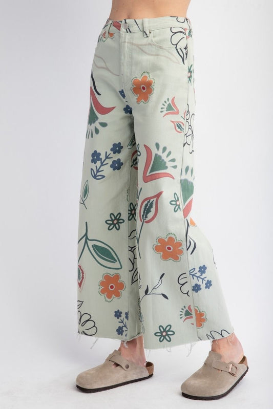 Floral Printed Twill Wide Leg Pants- Sage