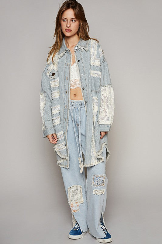 Oversized Distressed Crochet Patched Denim Jacket