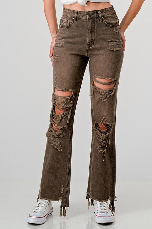 Brown PETRA 153 Highrise distressed cropped flare jeans