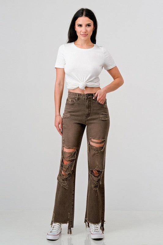 Brown PETRA 153 Highrise distressed cropped flare jeans