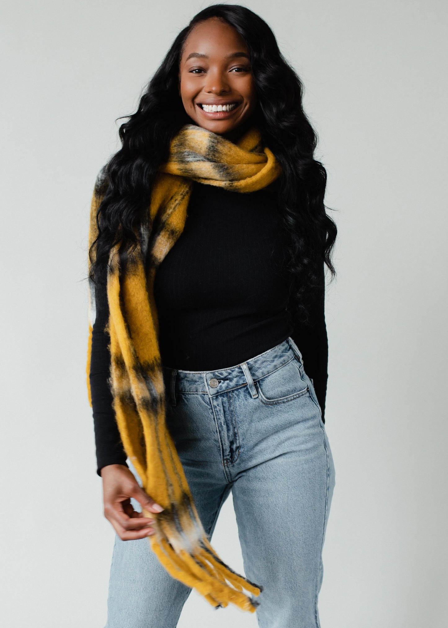 Mustard Plaid Long Scarf with Fringe