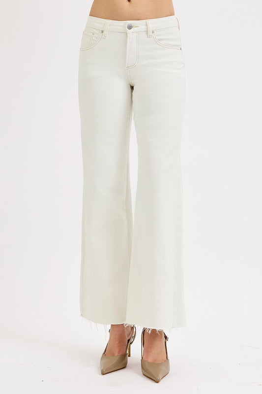 Risen Mid-rise Wide Leg Denim Pants - Cream