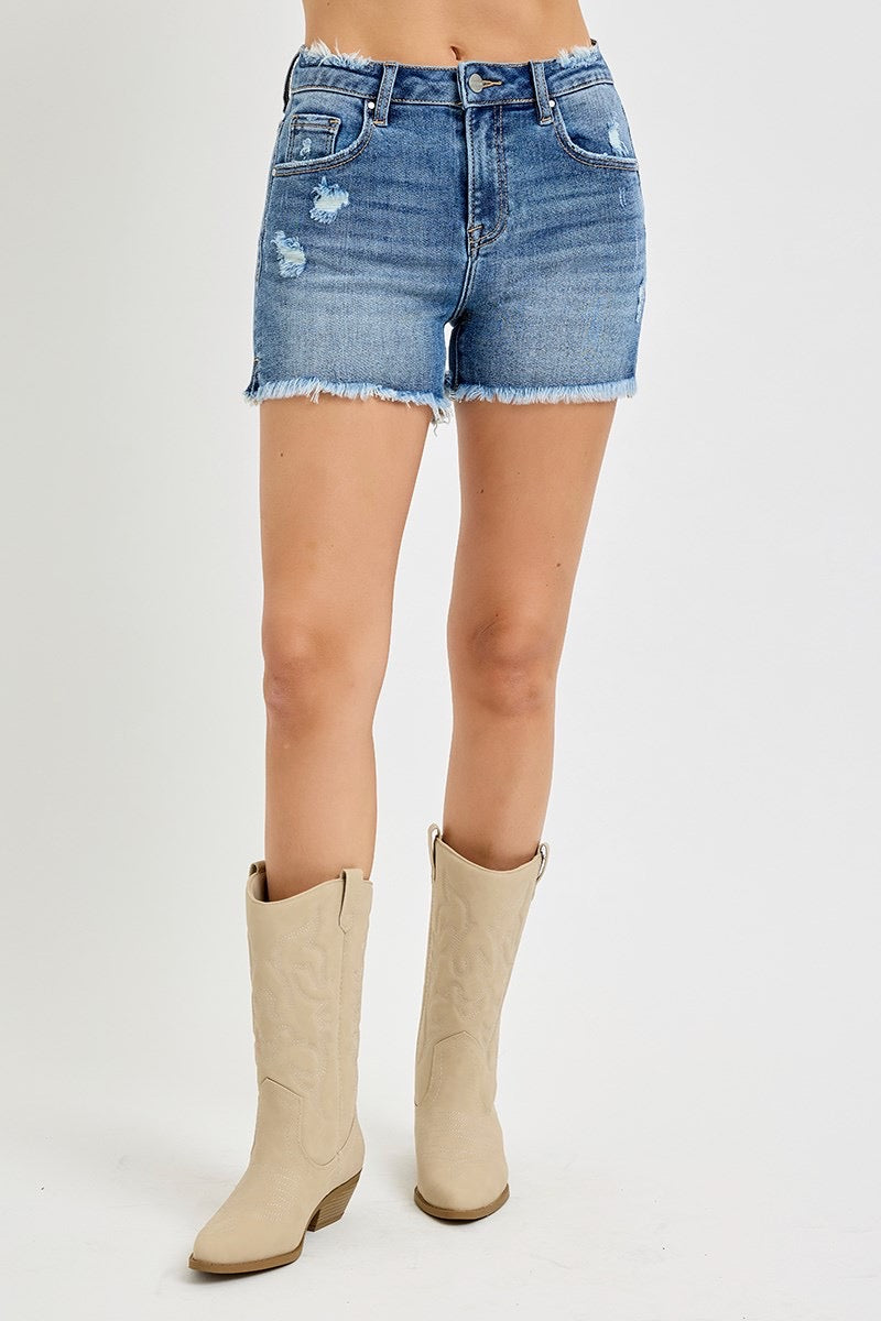 Risen Mid-Rise Distressed Denim Shorts-Dark