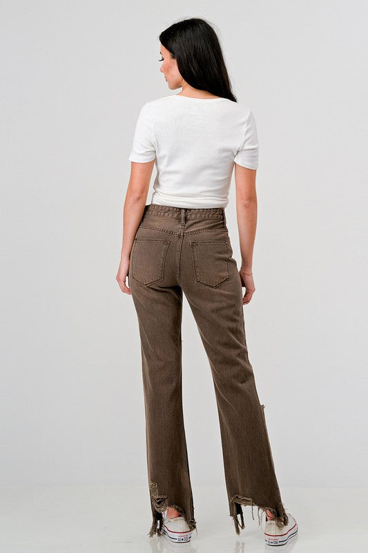 Brown PETRA 153 Highrise distressed cropped flare jeans