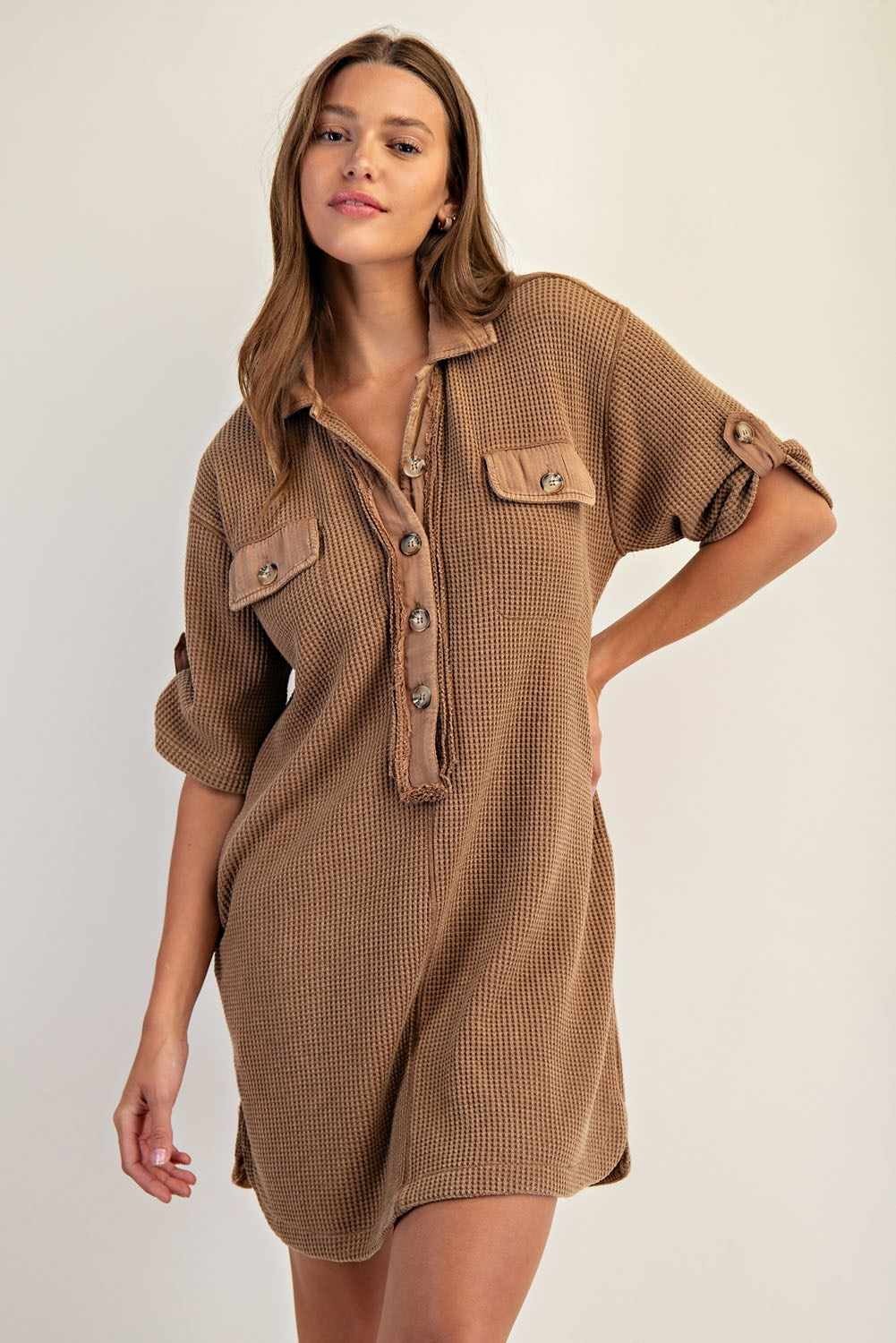 Waffle Knit Loose Fit Mini Dress