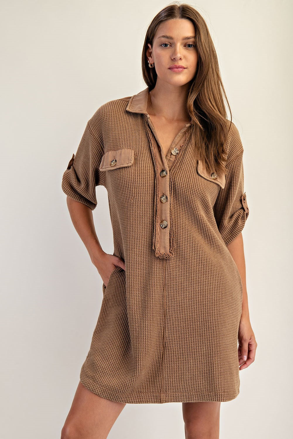 Waffle Knit Loose Fit Mini Dress