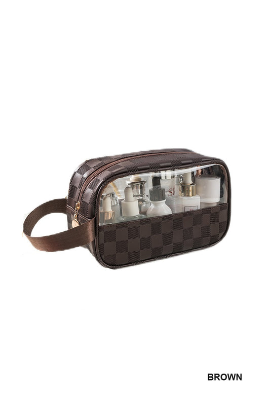 Checkered & Clear Cosmetic Bag - Brown