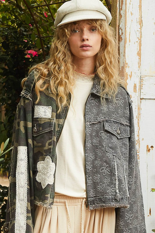 Camo Crochet Mixed pattern zip front jacket