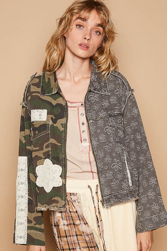 Camo Crochet Mixed pattern zip front jacket