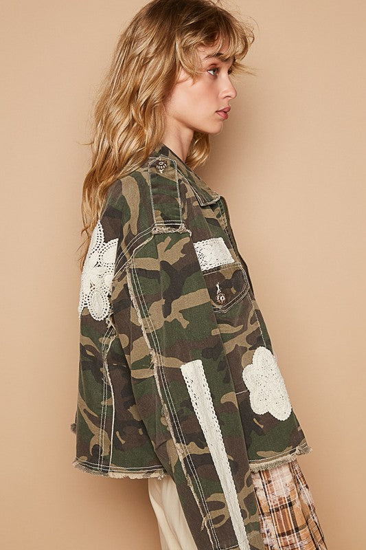 Camo Crochet Mixed pattern zip front jacket