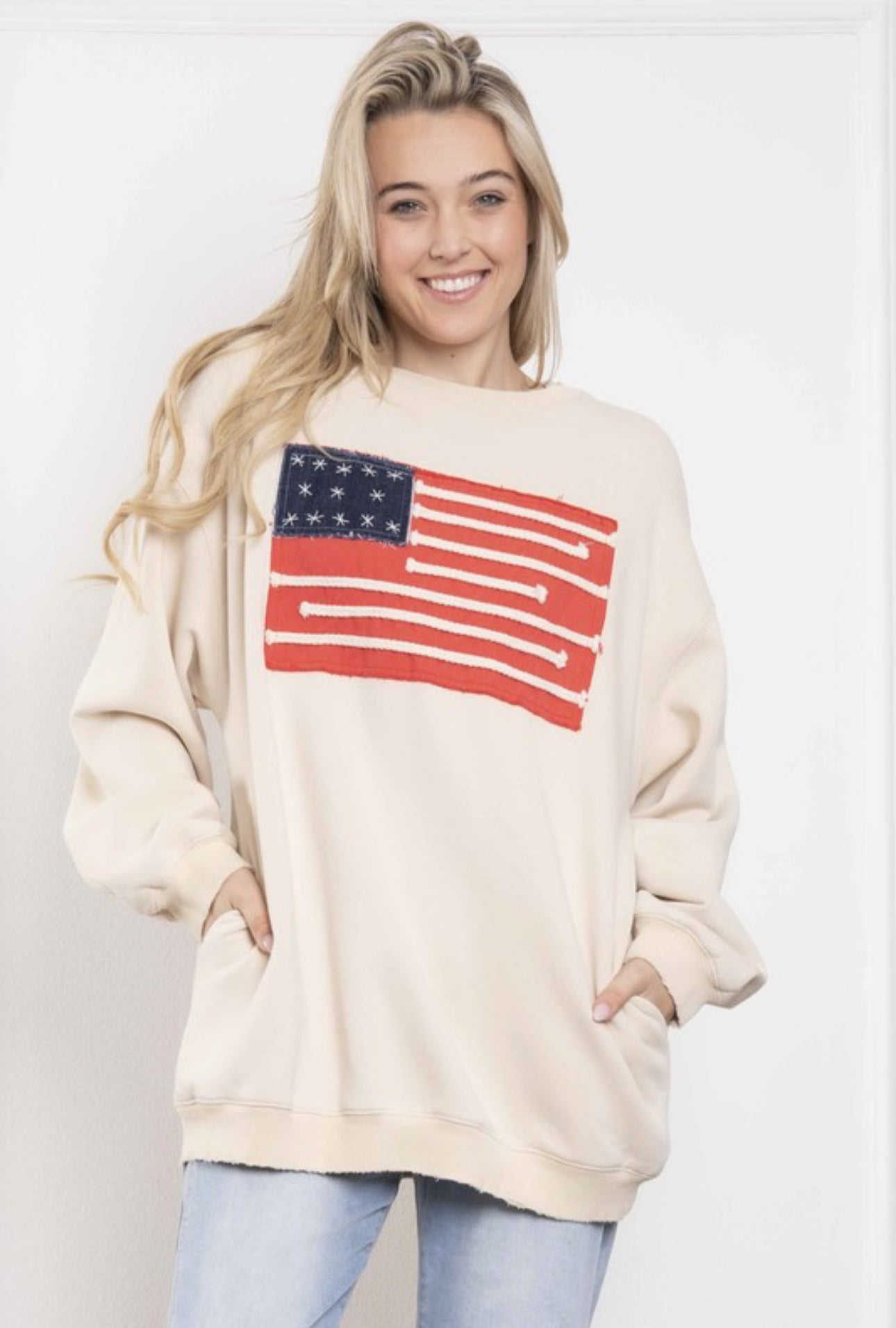 American Flag Patched Crew Sweatshirt