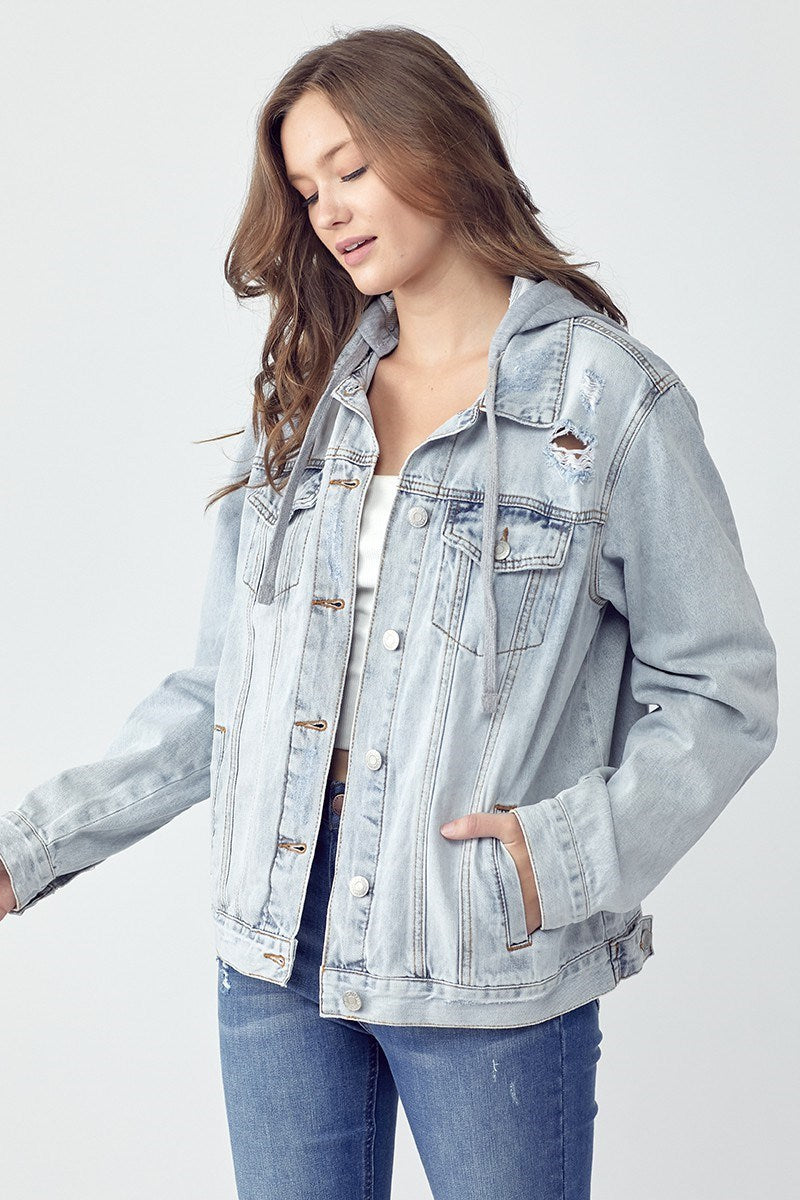 Lightwash Distressed Hooded Oversized Denim jacket