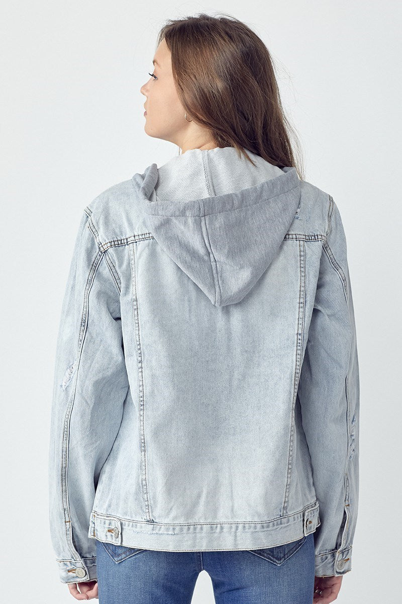 Lightwash Distressed Hooded Oversized Denim jacket