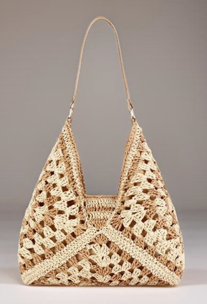 Vintage Woven Straw Crochet Bucket Shoulder Bag