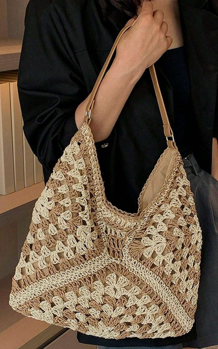 Vintage Woven Straw Crochet Bucket Shoulder Bag