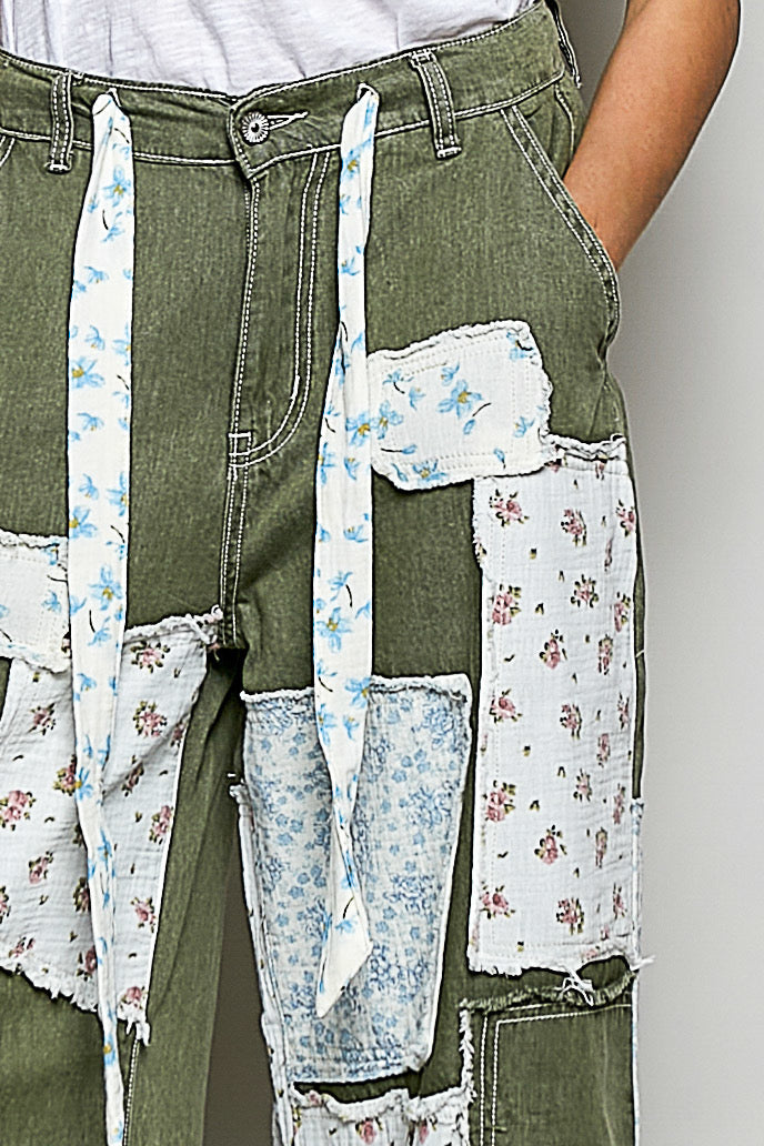 Twill Wide Leg Patchwork Pants