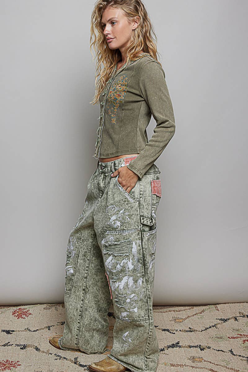 Raw-Edge Hem Back Waistband Woven Wide-Leg Carpenter Pants