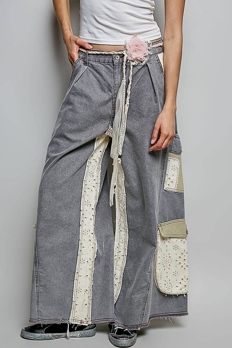 Solid Floral Metal Button Vintage Washing Laser Cut Pants