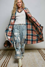 Plaid Textured Lace Heart Patch Woven Open Front Coat