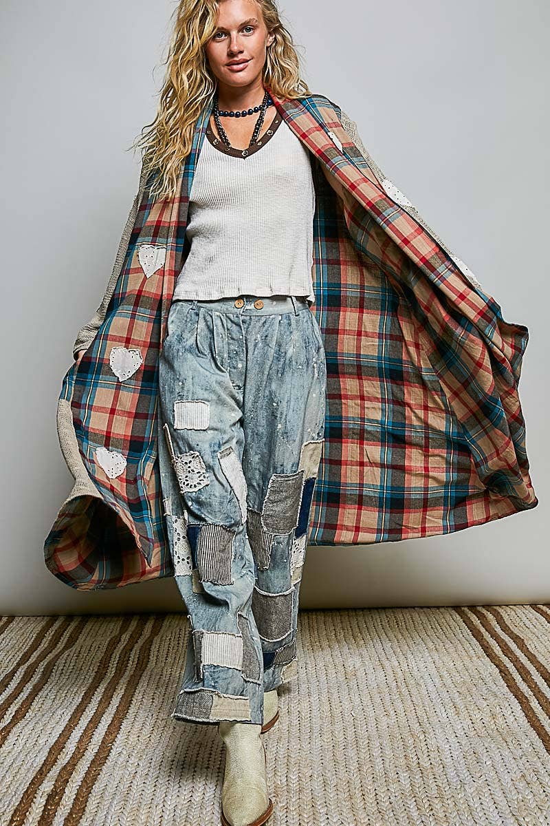 Plaid Textured Lace Heart Patch Woven Open Front Coat