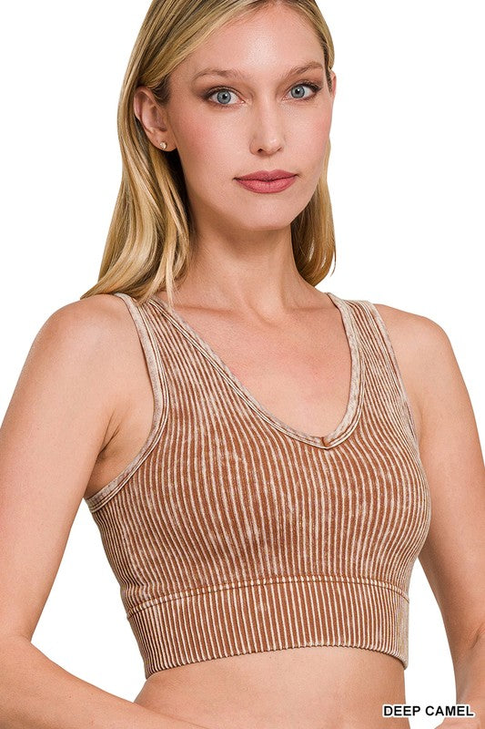 Two-Way Neckline ribbed washed seamless tank - deep camel