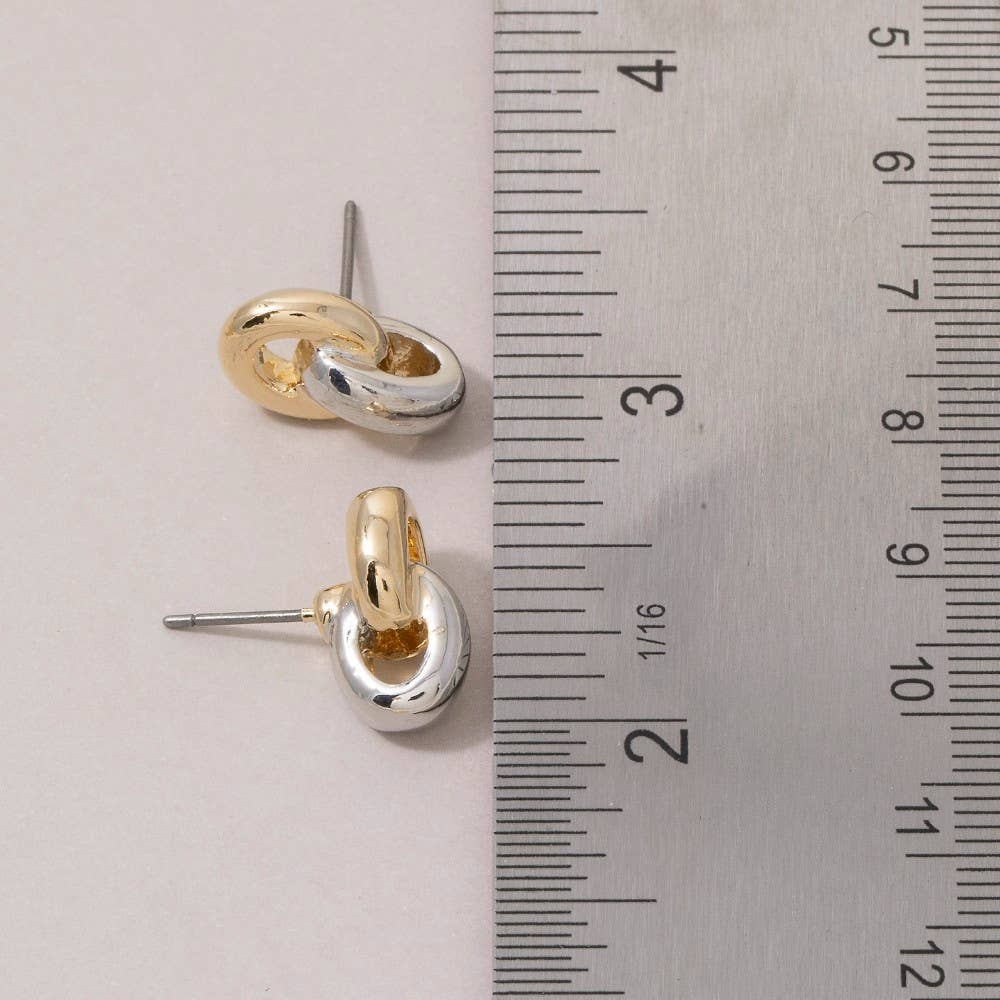 Two-Tone Linked Oval Huggie Drop Earrings