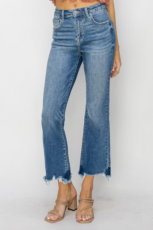 Risen High Rise Cropped Frayed Hem denim