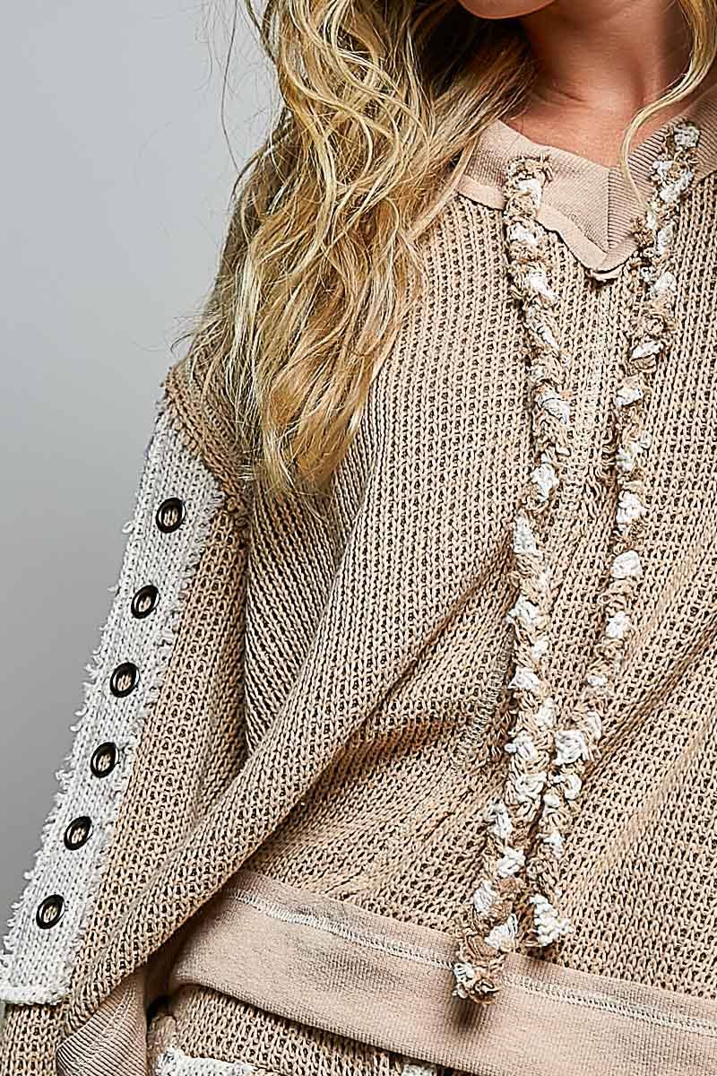 Solid Eyelet Stud Contrast Color Blocked Patch Knit Top