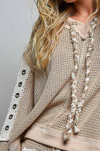 Solid Eyelet Stud Contrast Color Blocked Patch Knit Top
