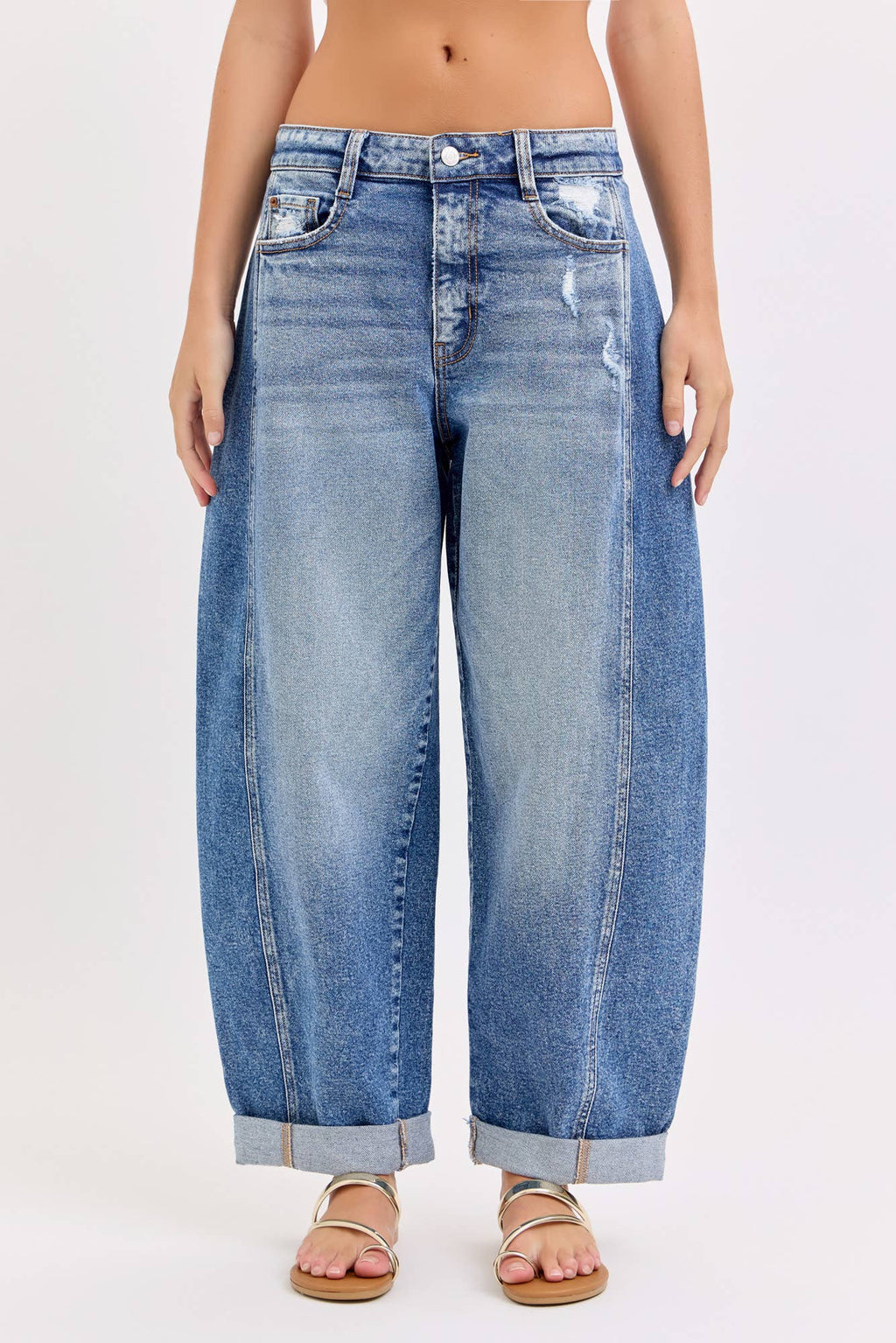 Mid Waist Barrel Leg with Rolled Cuff