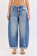 Mid Waist Barrel Leg with Rolled Cuff