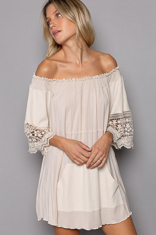 Crochet Detail off the shoulder {or not} tunic top- oatmeal