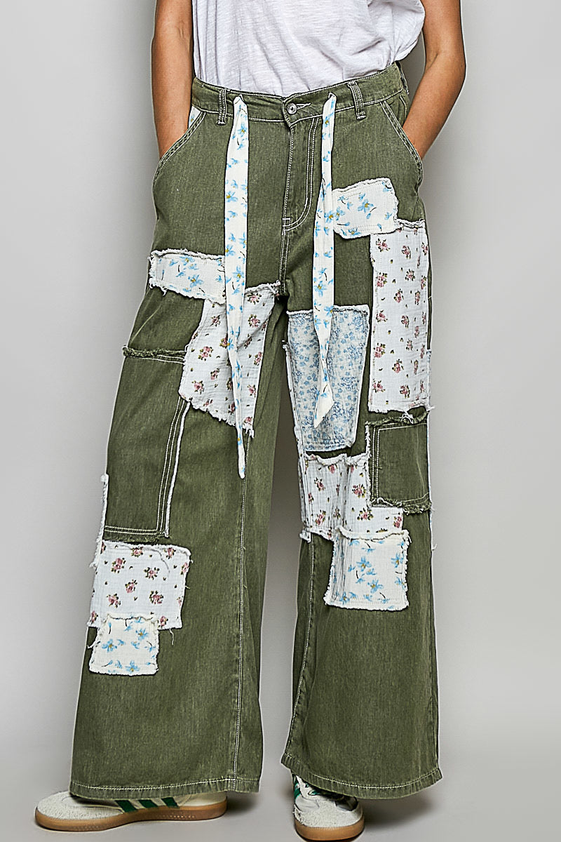 Twill Wide Leg Patchwork Pants