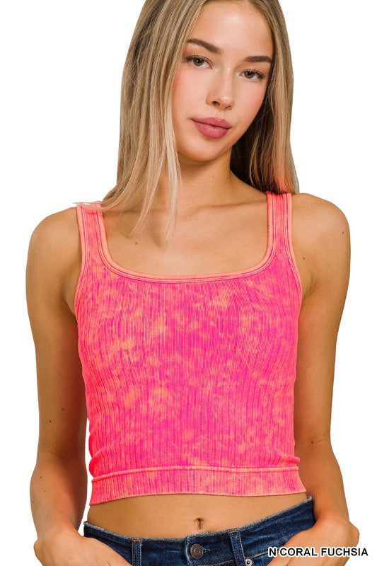Two-Way Washed Ribbed Seamless Tank- Coral Fuchsia