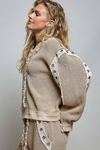 Solid Eyelet Stud Contrast Color Blocked Patch Knit Top