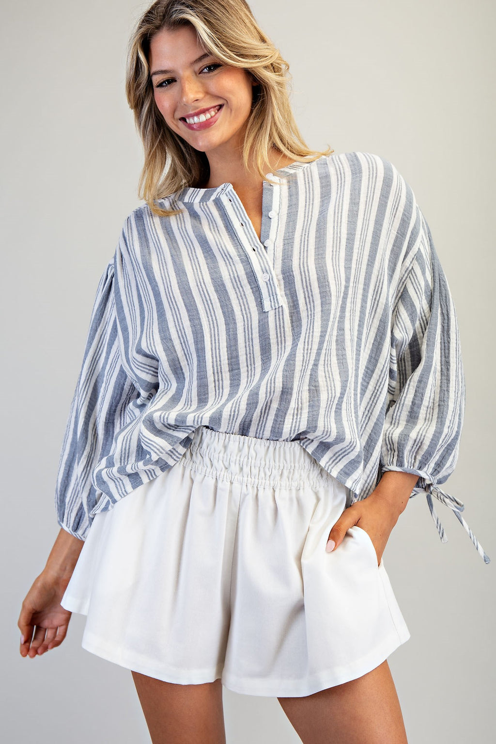 Striped Round Neck Tie Sleeve Blouse