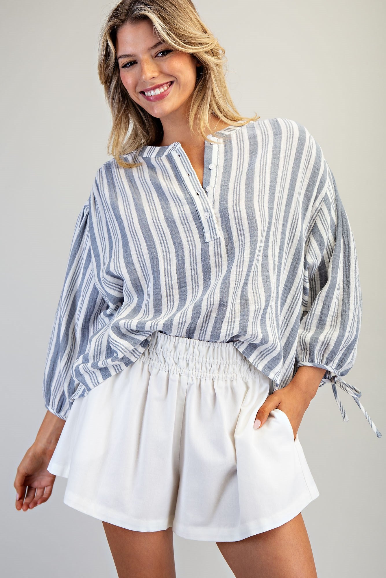Striped Round Neck Tie Sleeve Blouse