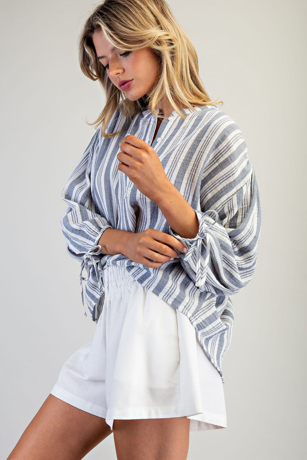 Striped Round Neck Tie Sleeve Blouse