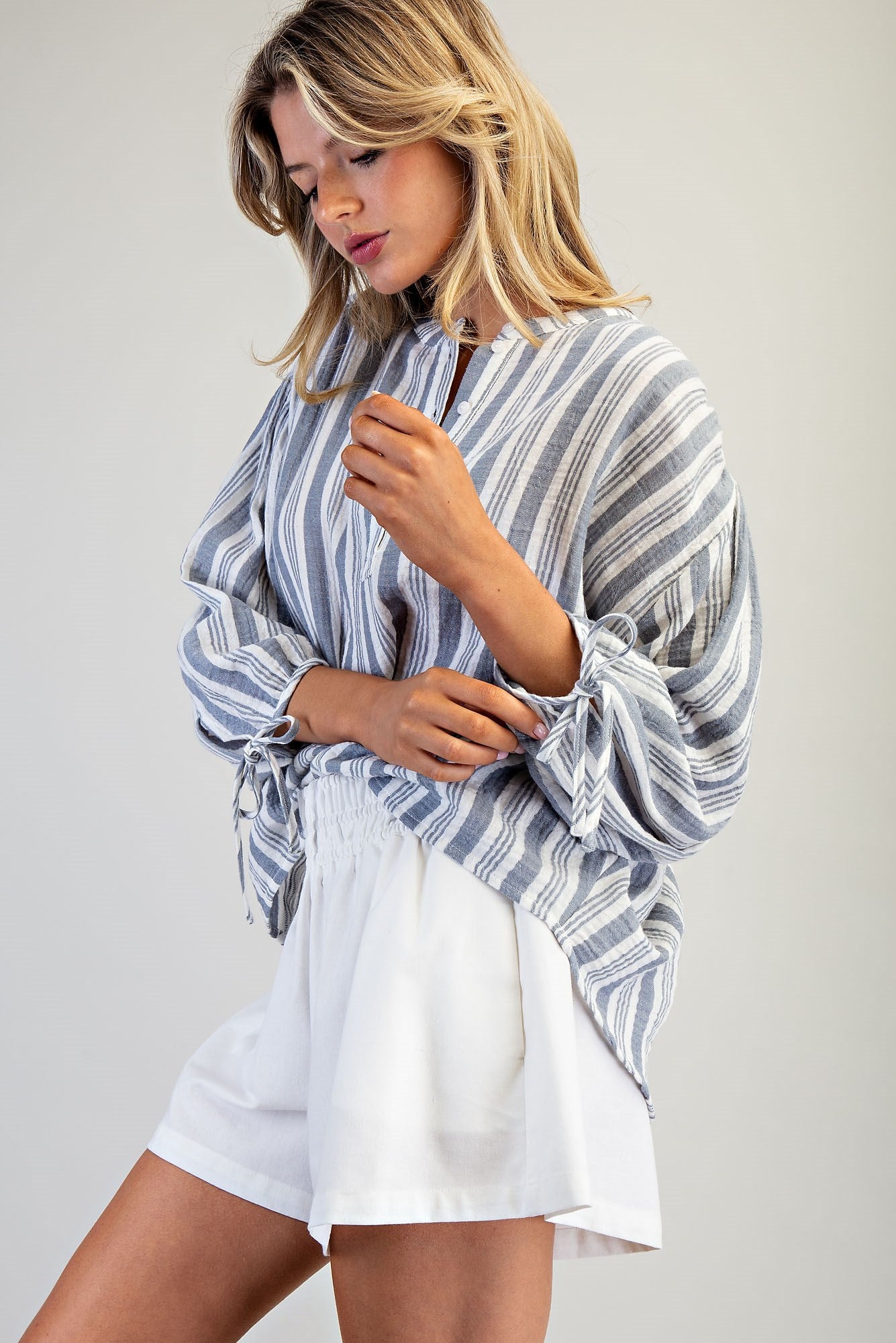 Striped Round Neck Tie Sleeve Blouse