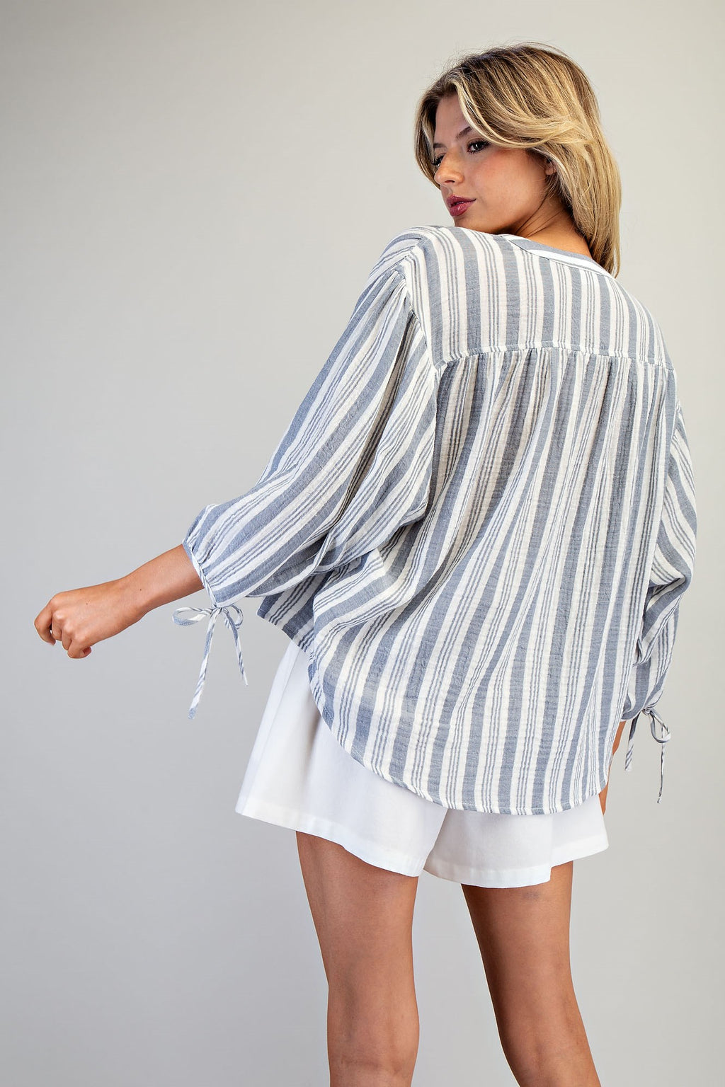 Striped Round Neck Tie Sleeve Blouse
