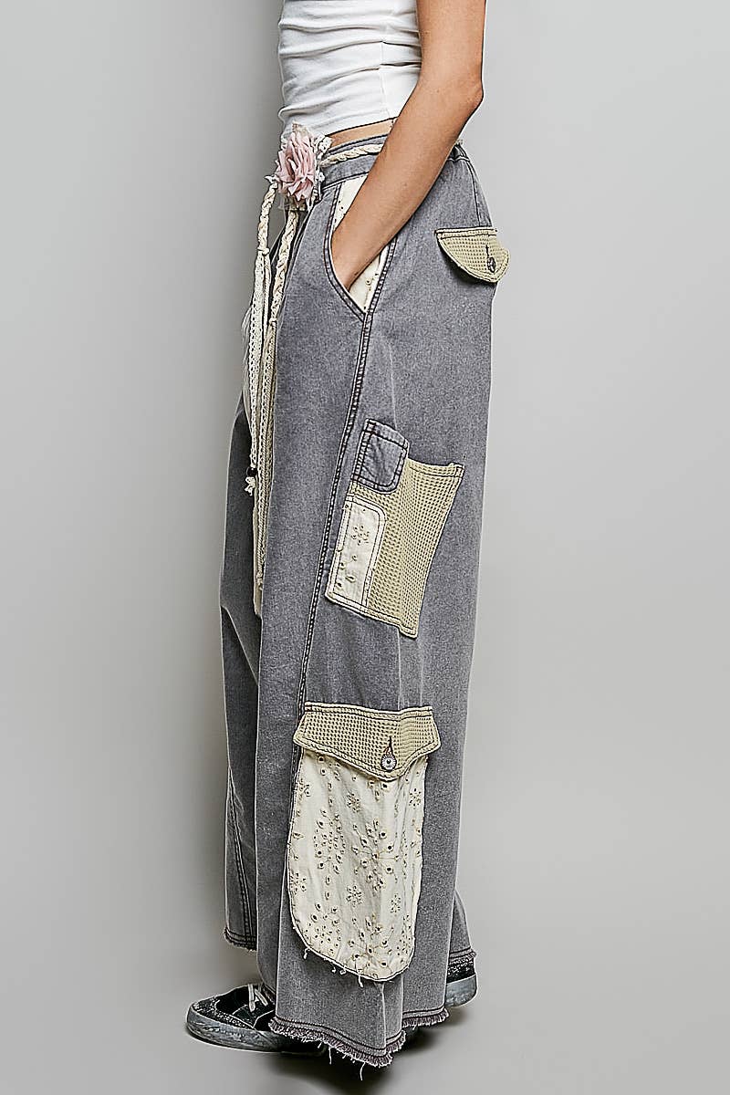 Solid Floral Metal Button Vintage Washing Laser Cut Pants