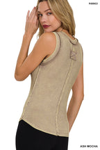 Washed Ribbed Scoop Neck Top - Ash Mocha